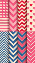 12 Cute different vector seamless patterns (tiling). Pink, red and blue color. Endless texture can be used for printing onto fabric and paper or scrap booking. Heart, stripes, rhombus, chevron.