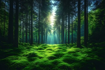 Obraz premium Sunlit mossy forest path, tranquil nature scene, poster