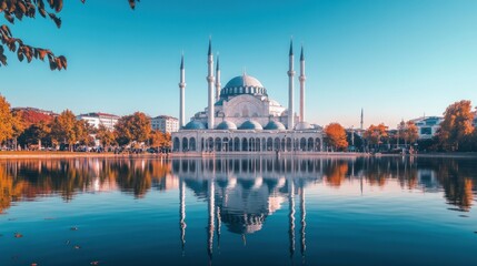Naklejka premium Stunning Mosque Reflection In Calm Autumn Water