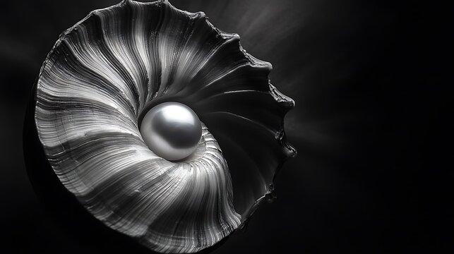 A delicate pearl resting in an open shell on a completely black background