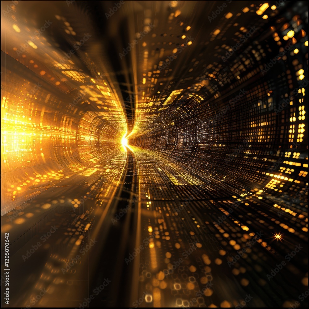 Poster futuristic golden cyber tunnel with abstract data flow for technology and innovation themes