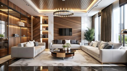 Design of modern luxurious living room with wooden brown and white wall