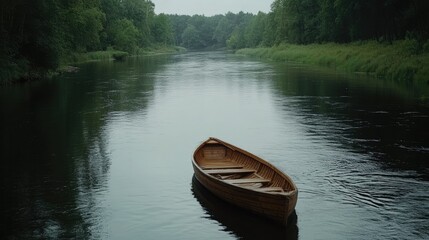 Fototapeta premium Wooden Rowboat on Calm River Surrounded by Lush Forest