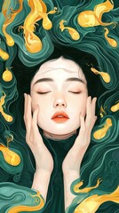 Self-improvement of a woman embracing serenity in a flowing green environment