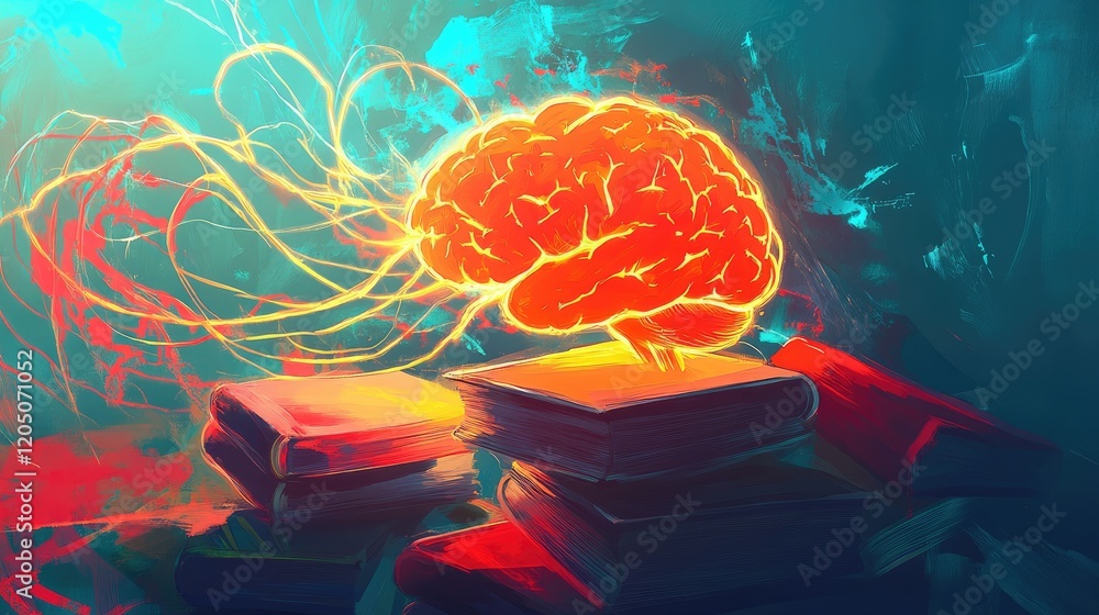 Poster illuminated brain above stack of books knowledge and learning