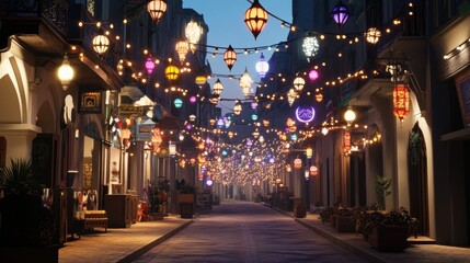 A Nighttime Street Scene With Colorful Lanterns And Festive Lights