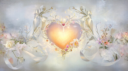 valentine day, Love concept , a glowing heart, delicate flowers, and ribbons, with room for text , Generative ai