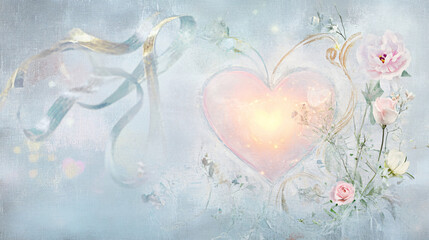 valentine day, Love concept , a glowing heart, delicate flowers, and ribbons, with room for text , Generative ai