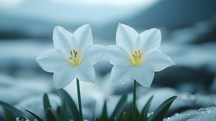 Obraz premium Two delicate white flowers emerge from the snow, their petals pristine and pure against the cold backdrop. The soft focus creates a serene atmosphere.