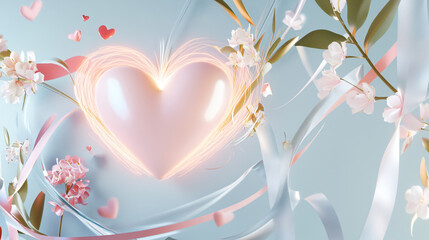 valentine day, Love concept , a glowing heart, delicate flowers, and ribbons, with room for text , Generative ai