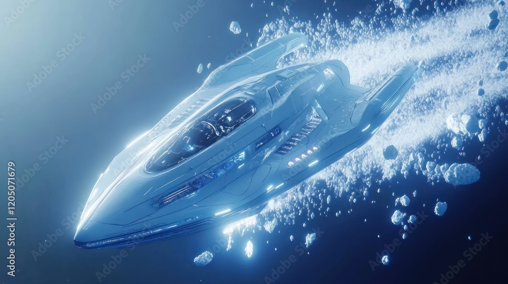 Poster futuristic spaceship navigating asteroid field
