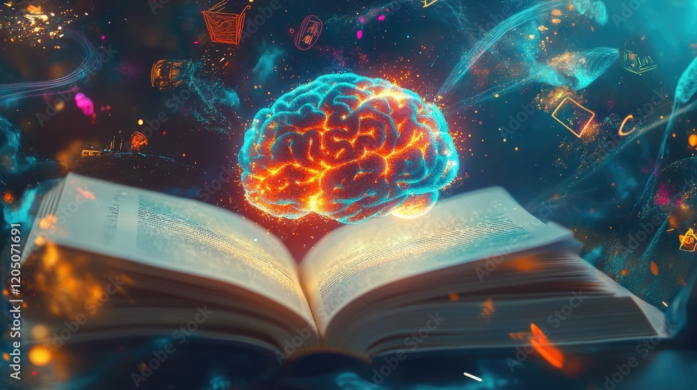 Poster luminous brain above open book illuminating knowledge