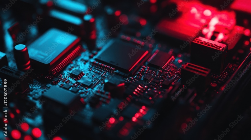 Poster illuminated circuit board components displaying technological detail