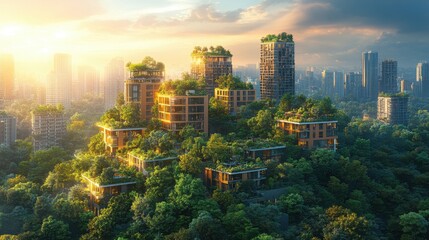 Obraz premium a futuristic, eco-friendly city with buildings integrated into a lush green hillside. Sunlight filters through the cityscape, highlighting the harmonious blend of nature and architecture