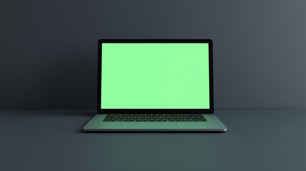 A laptop with a green screen is sitting on a table