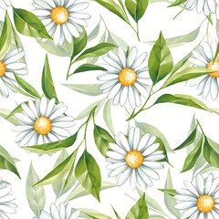 Seamless pattern with green tea leaves and chamomile flowers. Floral background for packaging