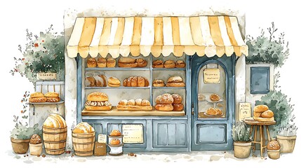 Watercolor Painting of a Charming French-Style Bakery Shop.