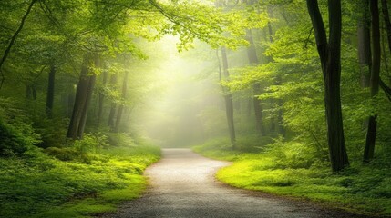 Obraz premium Serene Forest Path Bathed in Sunlight and Mist