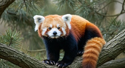 A red panda with fluffy fur and a bushy tail perched on a tree branch, surrounded by pine leaves in its natural habitat.