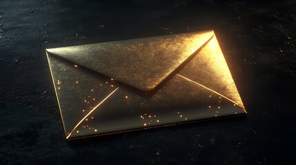 A polished golden envelope with a soft glow on a jet black background capturing a sense of exclusivity