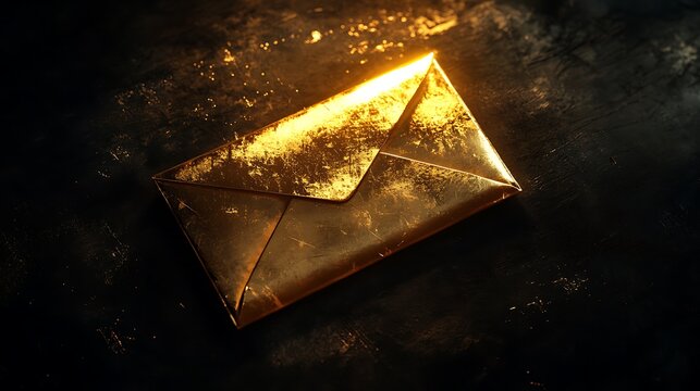 A polished golden envelope with a soft glow on a jet black background capturing a sense of exclusivity