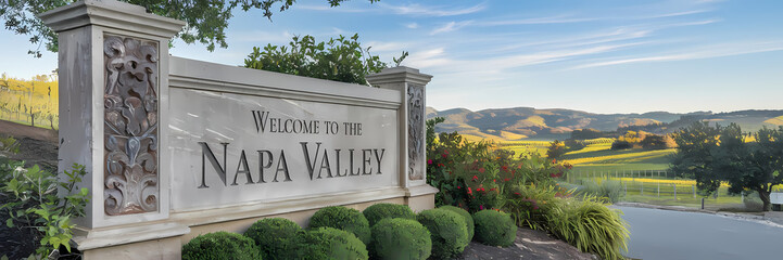 Illustration of Welcome to the Napa Valley stone sign banner display vacation destination california