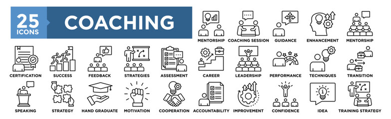 Coaching and Mentoring icon collection set. Containing design business, career, training, mentor, coach, strategy, success	