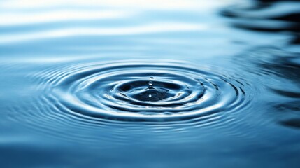 Water droplet creating concentric ripples in still blue water