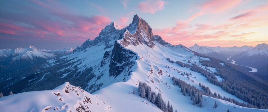 Snow-covered mountaintop at twilight, pristine natural environment - Powered by Adobe