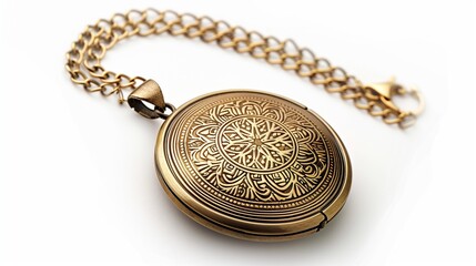 A vintage-style locket necklace, isolated vividly on a white background.