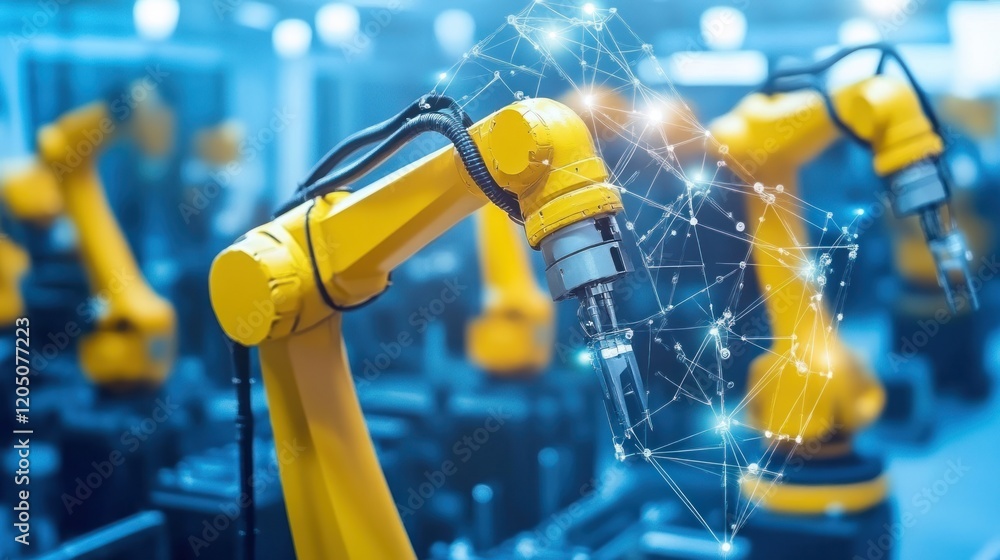 Poster yellow robotic arm connected to network in factory