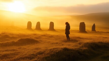 Wanderer in Mystical Stone Circle at Sunrise Ancient Landscape Nature Photography Serene Environment Spiritual Journey