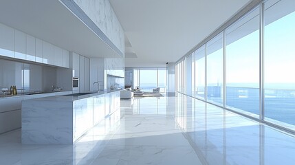 Obraz premium Modern open-plan luxury apartment with ocean view.