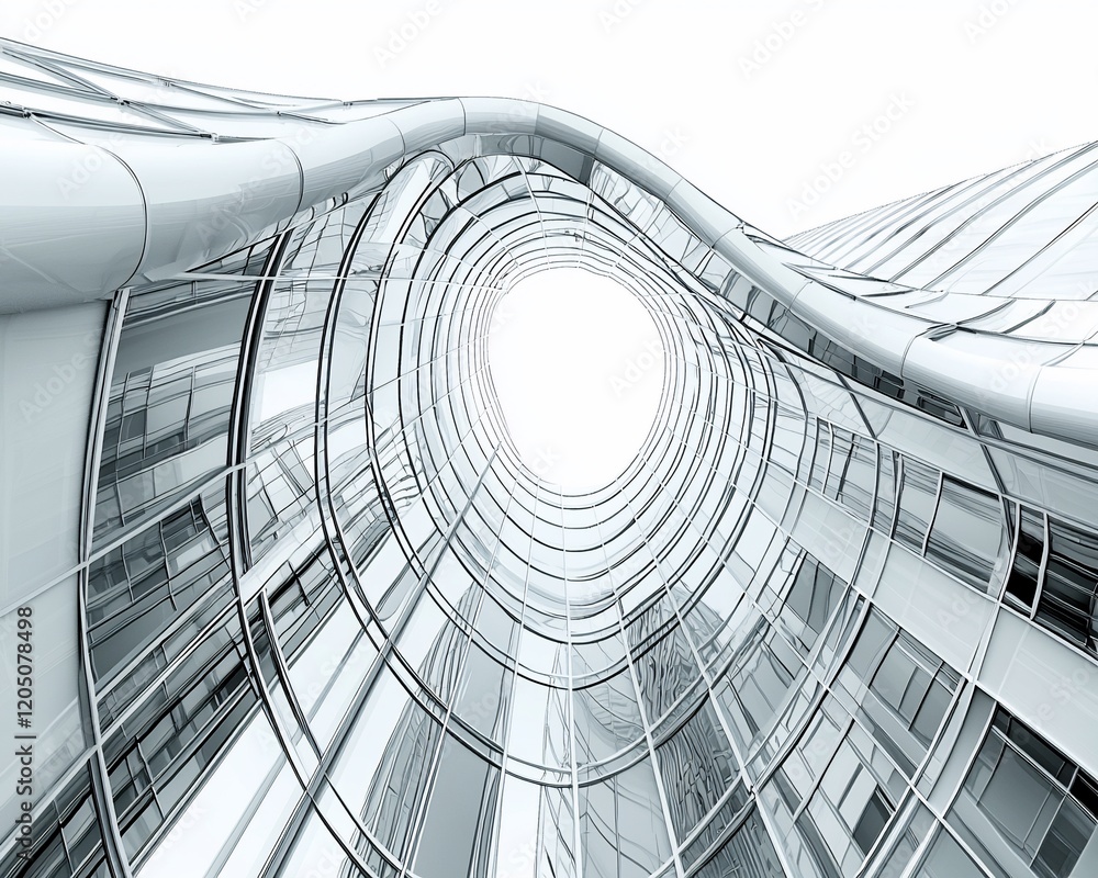 Poster abstract futuristic architecture, swirling building design.