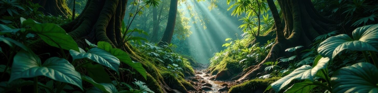 Rainforest floor with Philodendron in shadows, landscape, rainforest