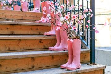 Pink rain boots are arranged on a set of wooden stairs