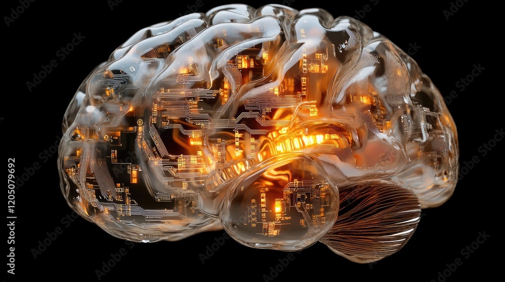 Poster transparent brain with illuminated circuitry inside