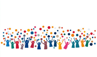 Colorful Silhouettes of Diverse People Celebrating with Joyful Expressions Surrounded by Vibrant Circles on a White Background
