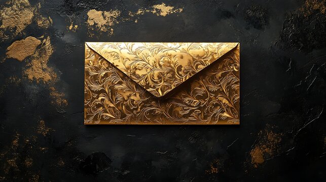 A luxurious golden envelope with embossed patterns on a sleek black backdrop evoking an air of elegance