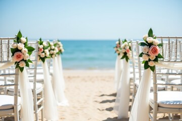 Romantic beach wedding setup featuring white chairs adorned with floral decorations and soft fabric, facing the ocean. Perfect for weddings, ceremonies, or event promotions.