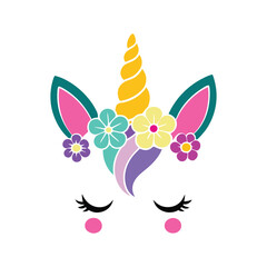 Happy Unicorn Face With Floral vector illustration, Unicorn face clipart design
