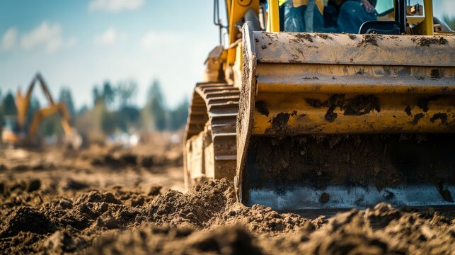 A construction worker maneuvering a bulldozer to level ground for a new industrial facility, Ground leveling scene, Industrial site preparation style