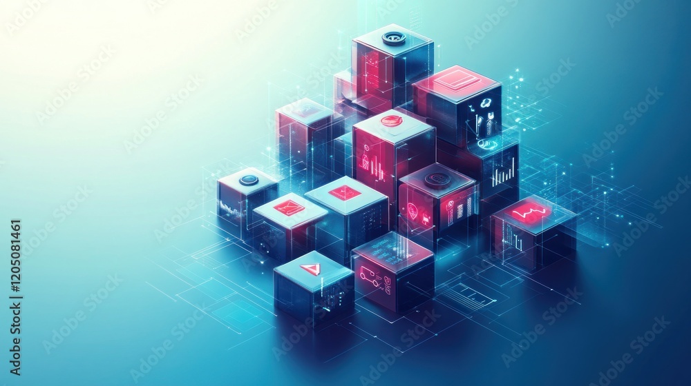 Poster interconnected data cubes representing digital technology