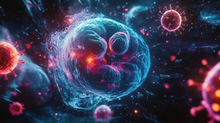 Obraz premium Vibrant representation of cellular interactions showcasing viruses and immune responses in a digital art style. Generative AI