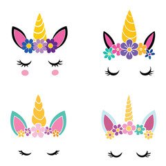 Happy Unicorn Face With Floral vector illustration, Unicorn face clipart design
