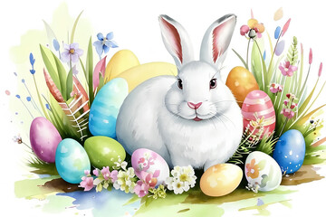 White rabbit with easter eggs, flowers. Spring illustration in watercolor style.