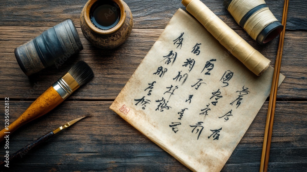 Poster traditional calligraphy tools and artwork on a wooden table in the artistic studio. generative ai