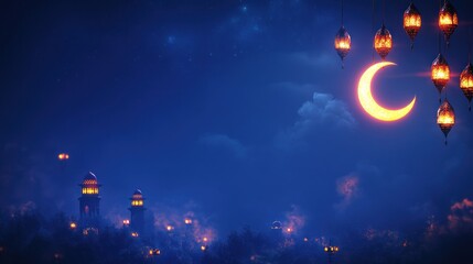 Naklejka premium Night Scene Featuring Crescent Moon and Illuminated Mosques