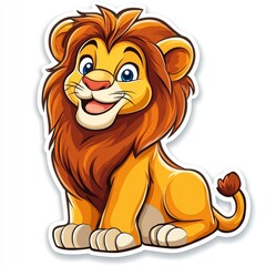 Obraz premium A cheerful cartoon lion with a fluffy mane and bright blue eyes sits with a happy expression on a plain white background