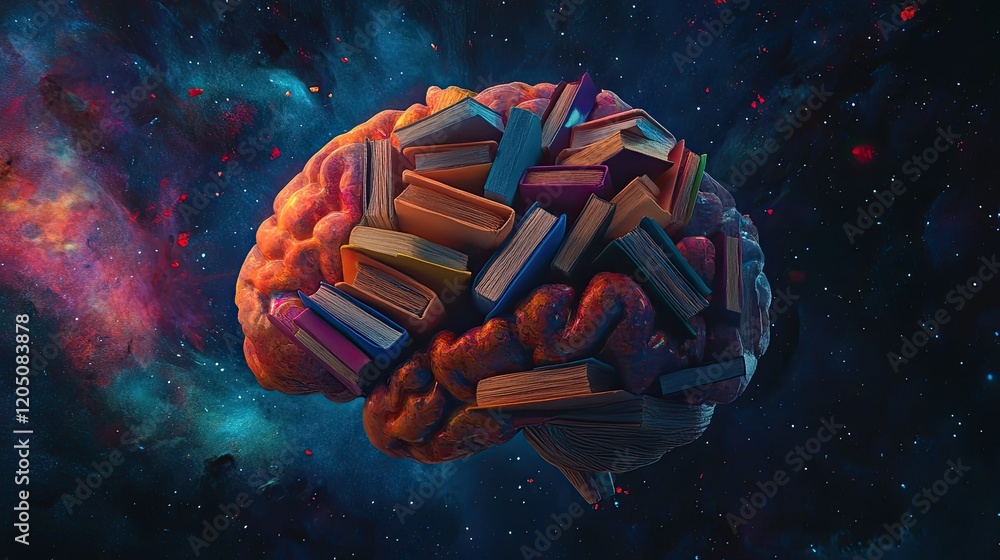 Poster a brain overflowing with books in space